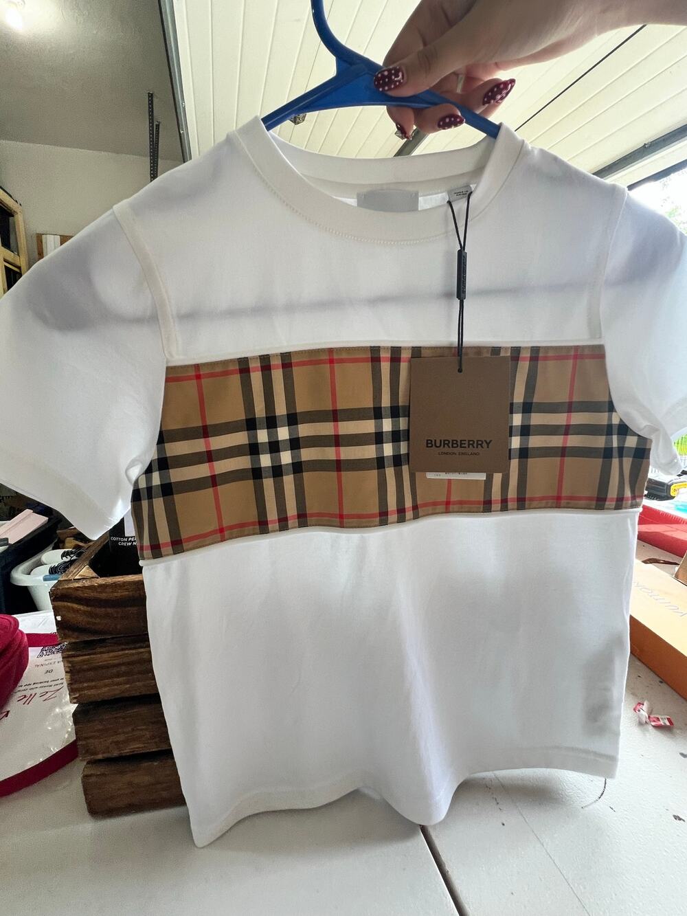 NWT Burberry Kids Cedar Vintage Check Panel White Cotton T-Shirt Size 6Y 116cm